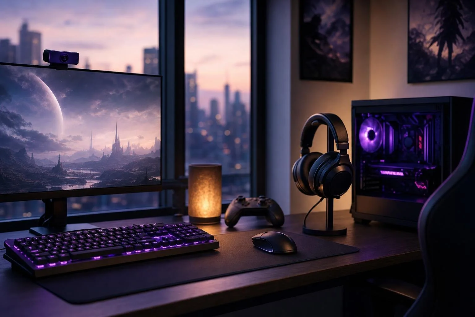 RGB-backlit mechanical keyboard and gaming mouse glowing neon violet on a dark desk, cutout style
